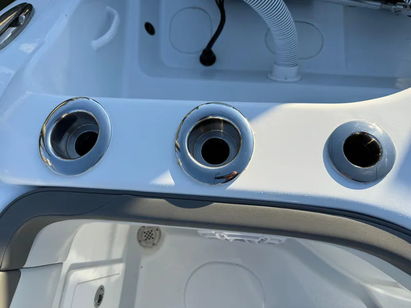 Slide: The Image of 2025 Yellowfin 42 CC boat deck with stainless steel rod holders. - 16