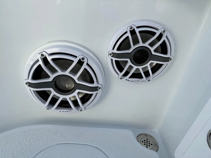 Slide: The Image of Speakers on a 2025 Yellowfin 42 CC boat, featuring a sleek marine design. - 20