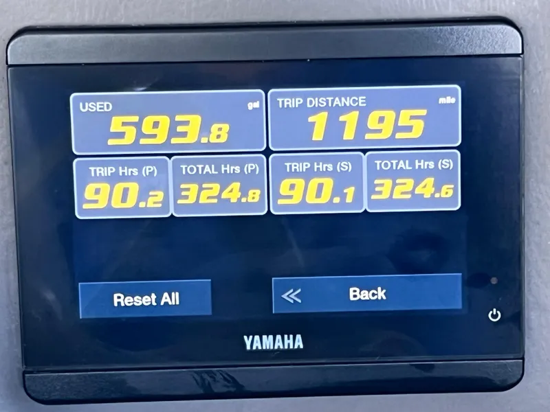 Slide: The Image of Yamaha display showing trip data for Bennington QX 27 QFB X2, 2021 model. - 27