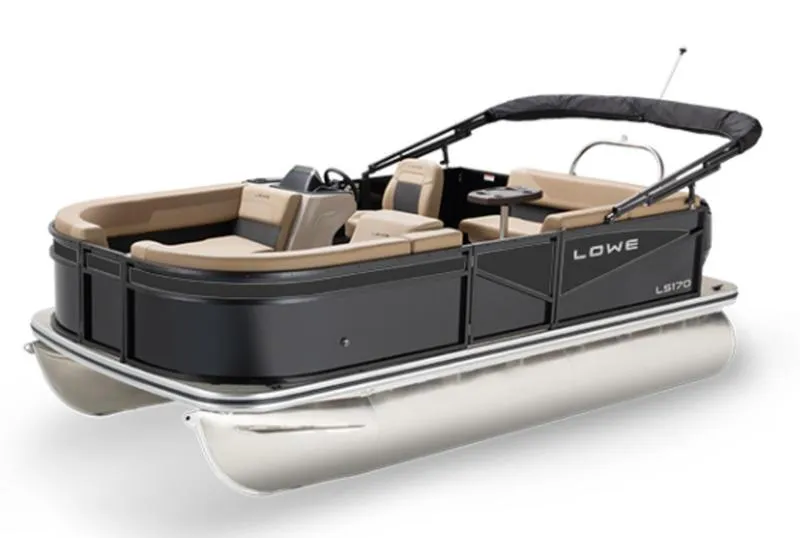 Slide: The Image of 2025 Lowe LS170 pontoon boat with sleek design and comfortable seating. - 8