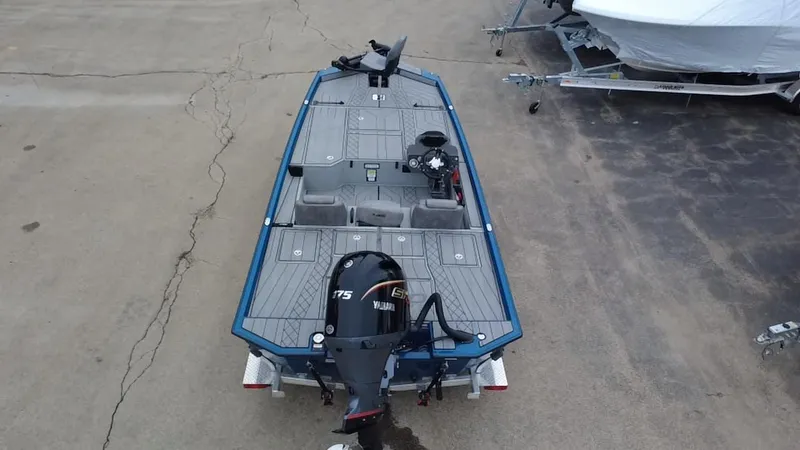 Slide: The Image of Aerial view of 2025 Avid 20 Vertex boat with Yamaha F75 outboard motor. - 8