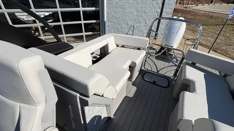 Slide: The Image of Luxurious interior of 2025 Balise HORIZON 24C boat with modern seating and steering console. - 12