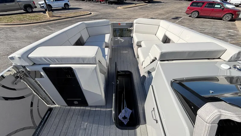 Slide: The Image of Interior seating of 2025 Balise HORIZON 24C boat with storage compartment. - 24
