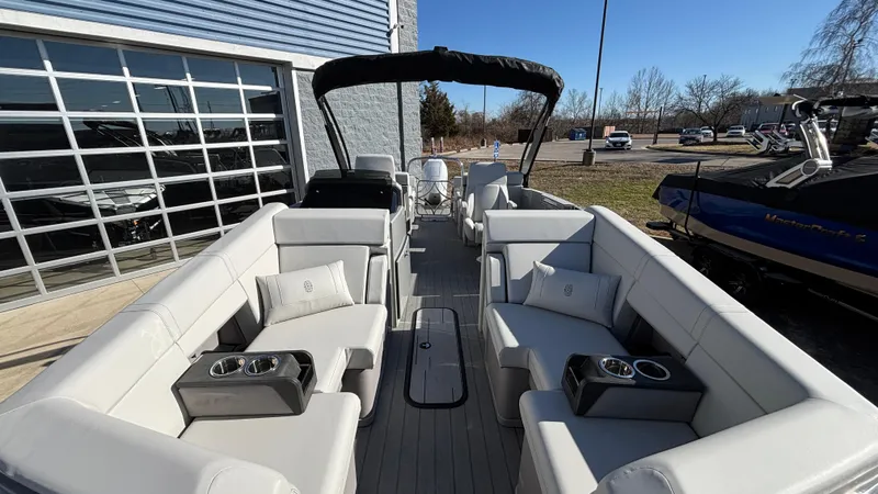 Slide: The Image of Luxury interior of 2025 Balise HORIZON 24C boat with plush seating. - 29