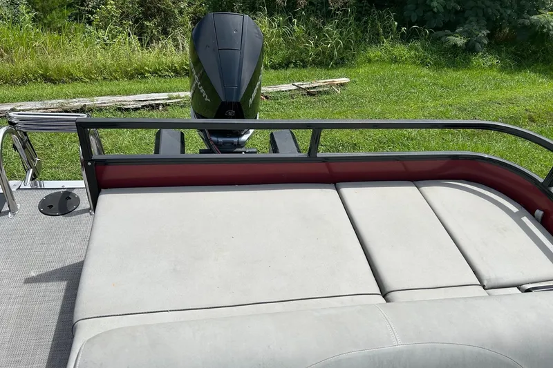 Slide: The Image of 2023 Regency 250DL3 pontoon boat with cushioned seating and outboard motor, on grassy background. - 7