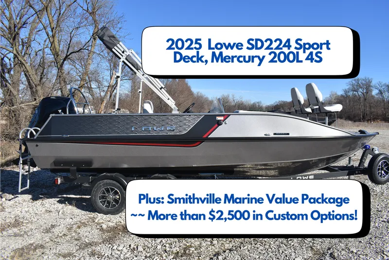Slide: The Image of 2025 Lowe SD224 Sport Deck boat with Mercury 200L 4S engine, Smithville Marine package. - 0