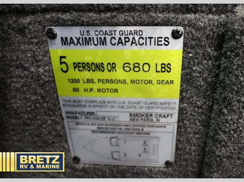 Slide: The Image of 2024 PRO ANGLER 162 capacity label: 5 persons or 680 lbs, 60 HP motor. - 29