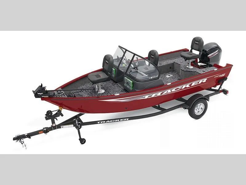 Slide: The Image of 2025 Pro Guide V-16 WT fishing boat on trailer, red exterior, dual seats, and windshield. - 1