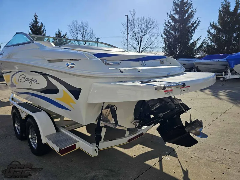 Slide: The Image of 2008 Baja 247 Islander boat on trailer, outdoor setting, rear view. - 26