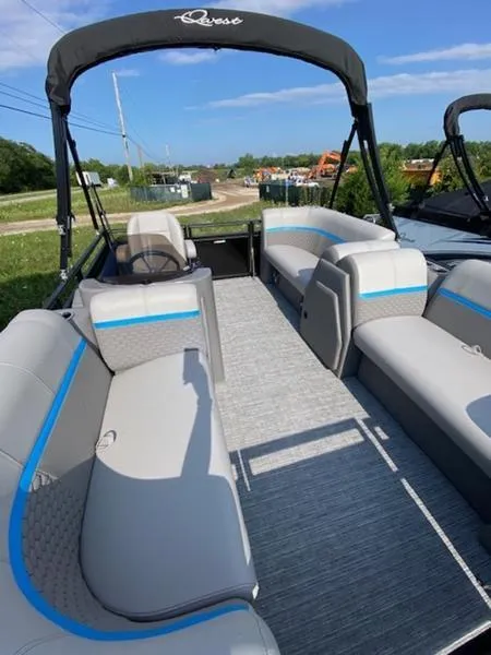 Slide: The Image of 2024 Qwest E814 CTR Cruise L pontoon boat with spacious seating and modern design. - 3