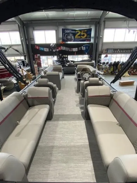 Slide: The Image of 2023 Qwest 824 E-Class RLS Triple Tube LTZ pontoon boat interior with spacious seating. - 6