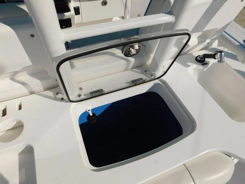 Slide: The Image of 2016 Everglades 355 Center Console boat storage compartment, open hatch view. - 20