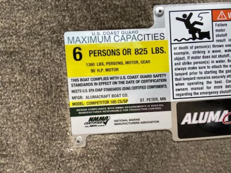 Slide: The Image of 2022 Alumacraft Competitor 165 CS capacity label, 6 persons or 825 lbs, 90 HP motor. - 7