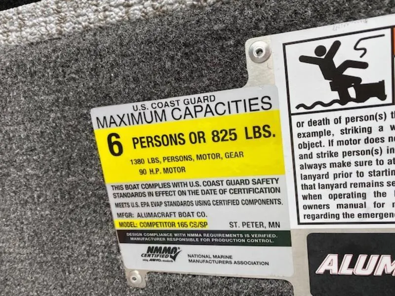 Slide: The Image of 2022 Alumacraft Competitor 165 Sport capacity label: 6 persons or 825 lbs, 90 HP motor. - 7