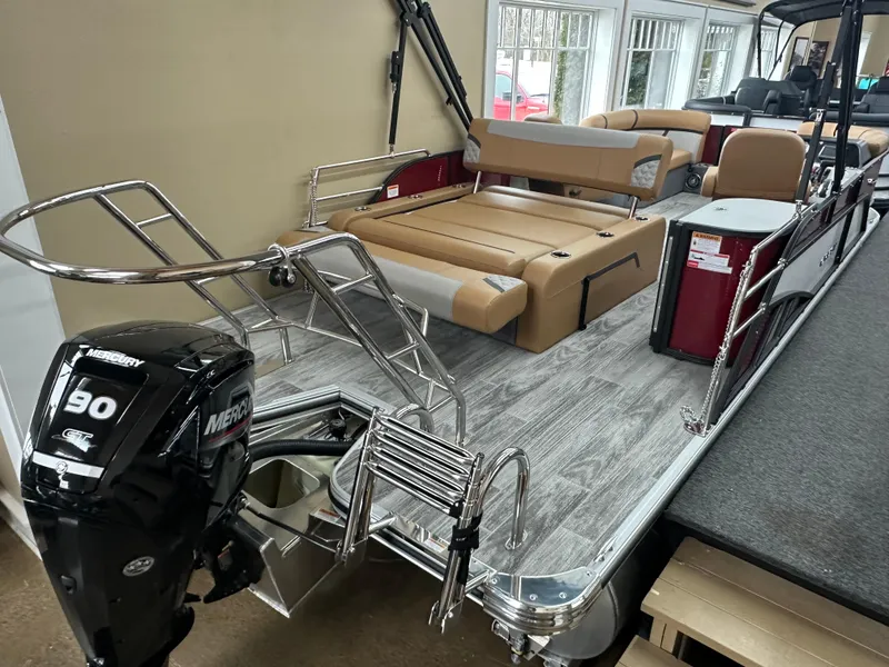 Slide: The Image of 2025 Crest Classic 200 pontoon boat with Mercury 90 engine, featuring spacious seating and modern design. - 12