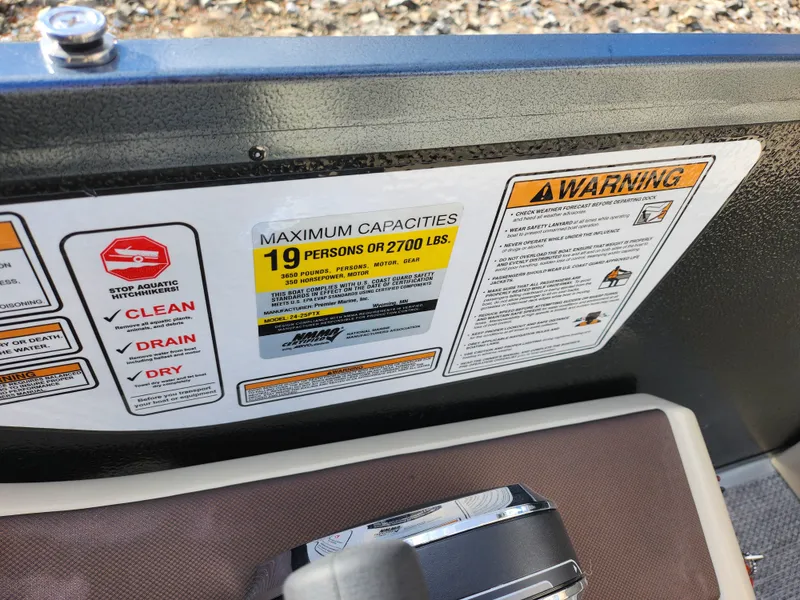 Slide: The Image of Capacity warning label on 2019 Premier 250 Grand Majestic RE boat, max 19 persons or 2700 lbs. - 16