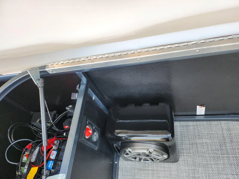 Slide: The Image of 2019 Premier 250 Grand Majestic RE interior storage compartment with battery and wiring. - 22