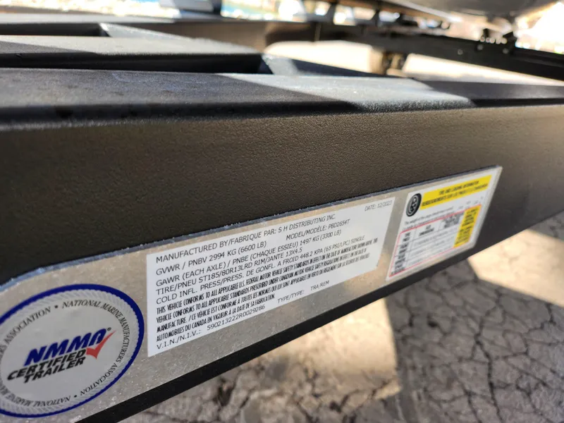 Slide: The Image of Label on 2019 Premier 250 Grand Majestic RE boat trailer, showing specifications and certifications. - 8