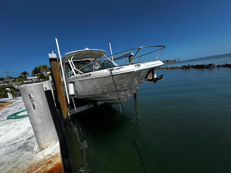 Slide: The Image of 2019 Boston Whaler 270 Vantage boat docked by the water on a sunny day. - 12