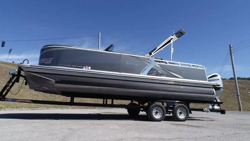 Slide: The Image of 2022 Tahoe LTZ VRB 2485 pontoon boat on trailer, side view. - 10