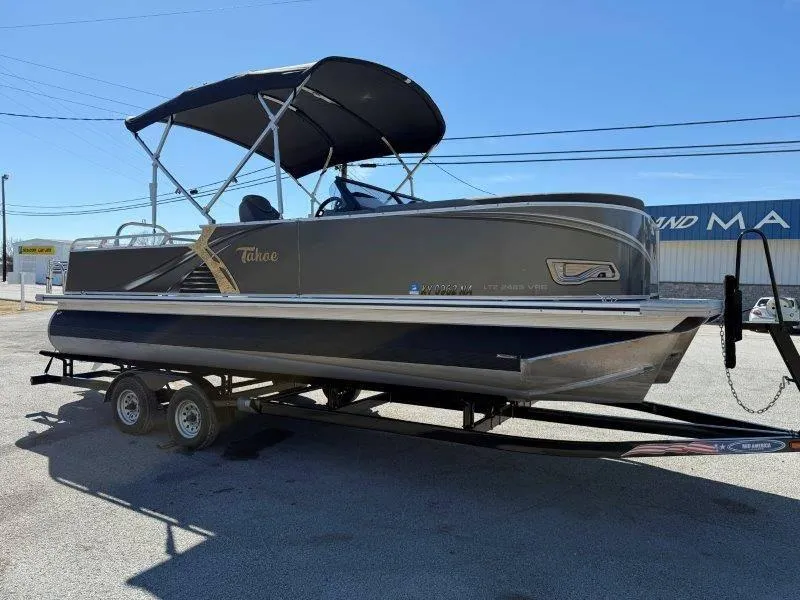 Slide: The Image of 2022 Tahoe LTZ VRB 2485 pontoon boat on trailer, side view. - 28