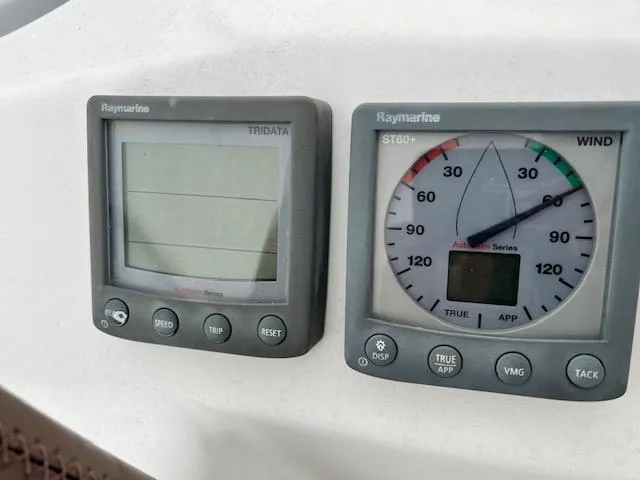 Slide: The Image of Raymarine navigation instruments on a 2007 Beneteau Oceanis 46 sailboat. - 16