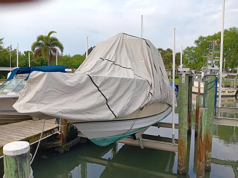 Slide: The Image of Covered 2006 Pro-Line 24 Walk boat docked at marina. - 15