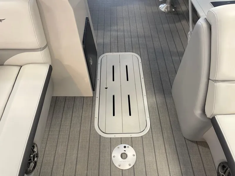 Slide: The Image of Interior view of 2025 SunCatcher Select 322RC boat, featuring sleek seating and flooring design. - 4