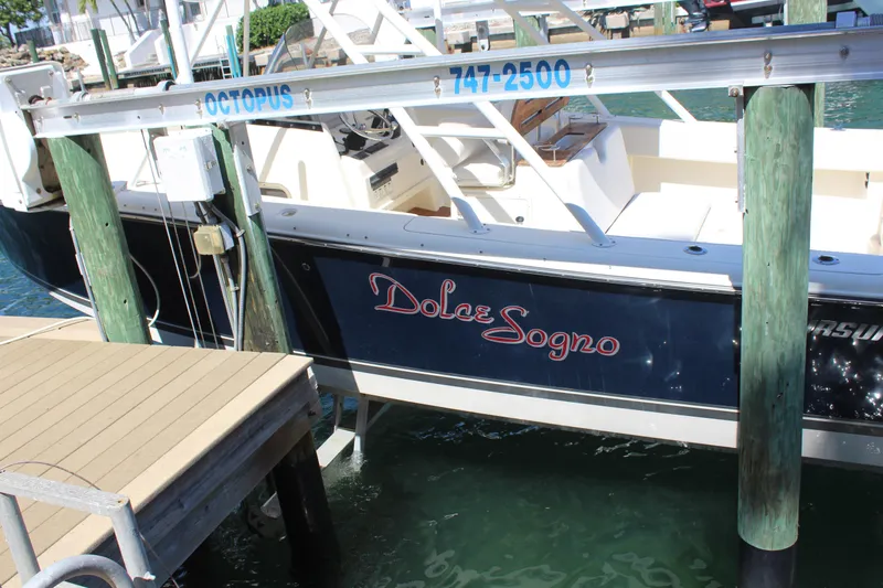 Slide: The Image of 2008 Pursuit S 310 Sport boat named "Dolce Sogno" docked at a marina. - 10