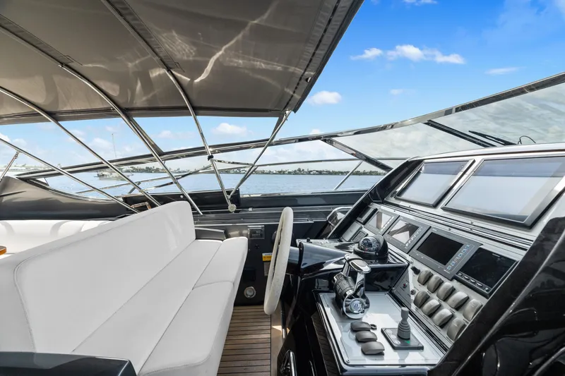 Slide: The Image of Cockpit of 2015 Riva 63 Virtus yacht with modern controls and seating. - 18