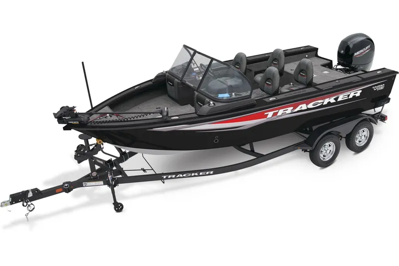 The Image of 2025 Tracker Targa V-18 WT boat displayed indoors with Mercury branding. - 0