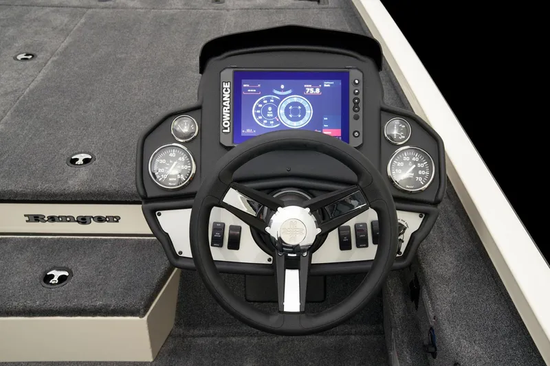 Slide: The Image of 2025 Ranger RT198P boat dashboard with steering wheel and digital display. - 4
