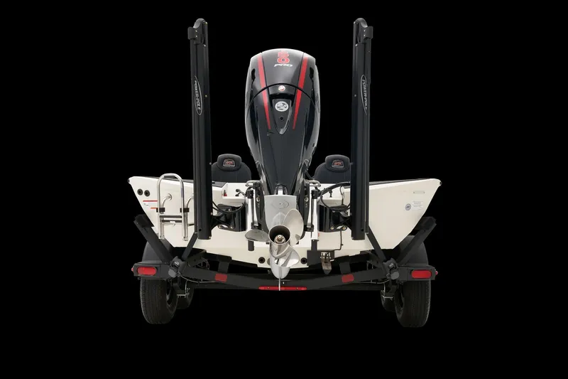 Slide: The Image of 2025 Ranger RT198P boat rear view with motor and trailer, on black background. - 6