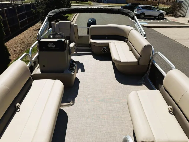 Slide: The Image of 2025 Sun Tracker Party Barge 16 DLX with spacious seating and modern design. - 2