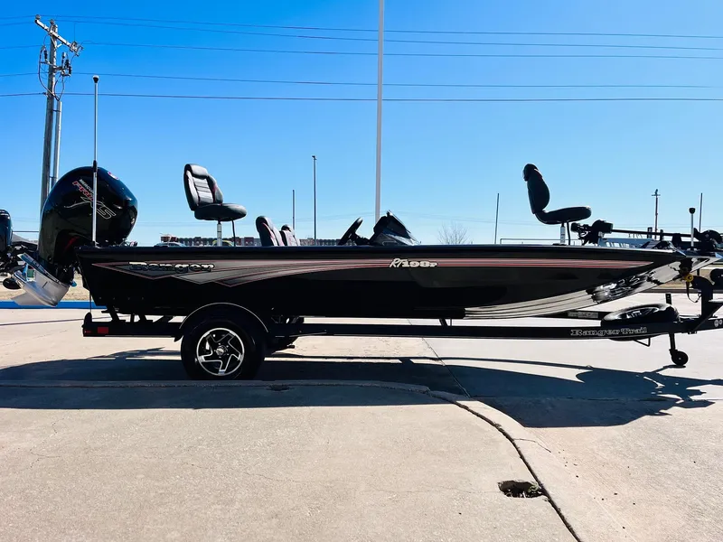 Slide: The Image of 2024 Ranger RT198P bass boat on trailer, side view, sunny day. - 4