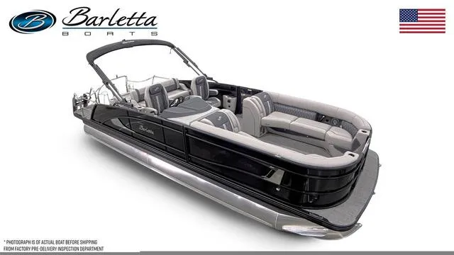 Slide: The Image of 2025 Barletta Lusso L25UC luxury pontoon boat with sleek design and spacious seating. - 15