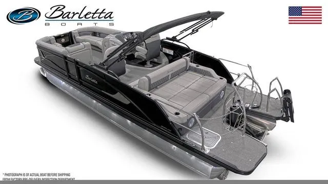 Slide: The Image of 2025 Barletta Lusso L25UC luxury pontoon boat with sleek design and spacious seating. - 16