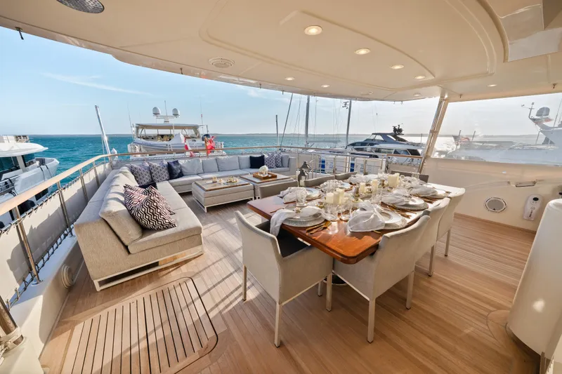 Slide: The Image of Luxurious 2012 Sanlorenzo SD92 yacht deck with elegant dining setup and ocean view. - 34