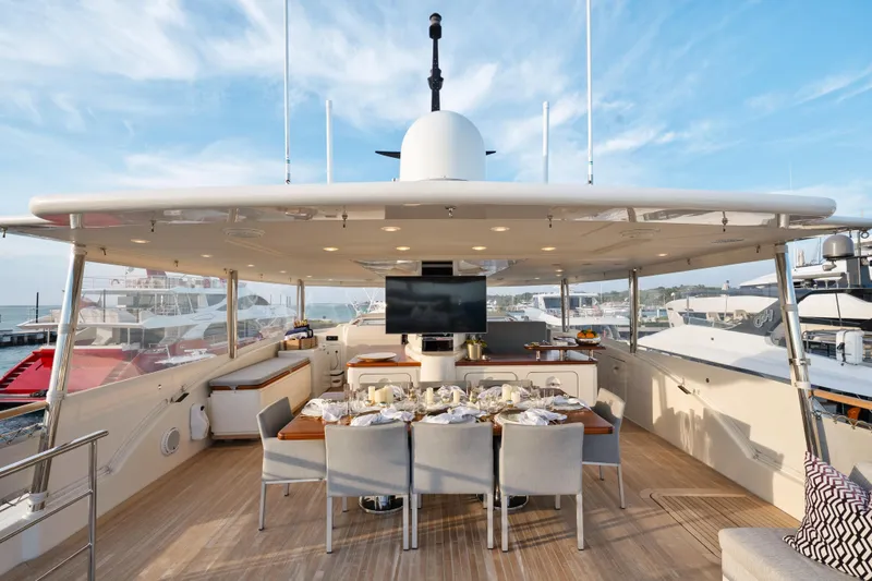 Slide: The Image of Luxurious 2012 Sanlorenzo SD92 yacht deck with elegant dining setup and modern amenities. - 43