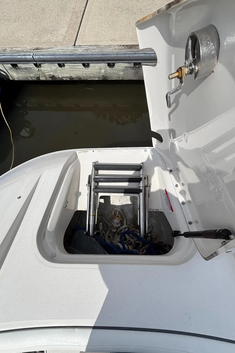 Slide: The Image of 2008 Sea Ray 290 Sundeck boat ladder compartment, open near dock. - 24