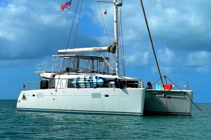 Slide: The Image of 2016 Lagoon 450 F catamaran sailing on calm ocean waters under a blue sky. - 0