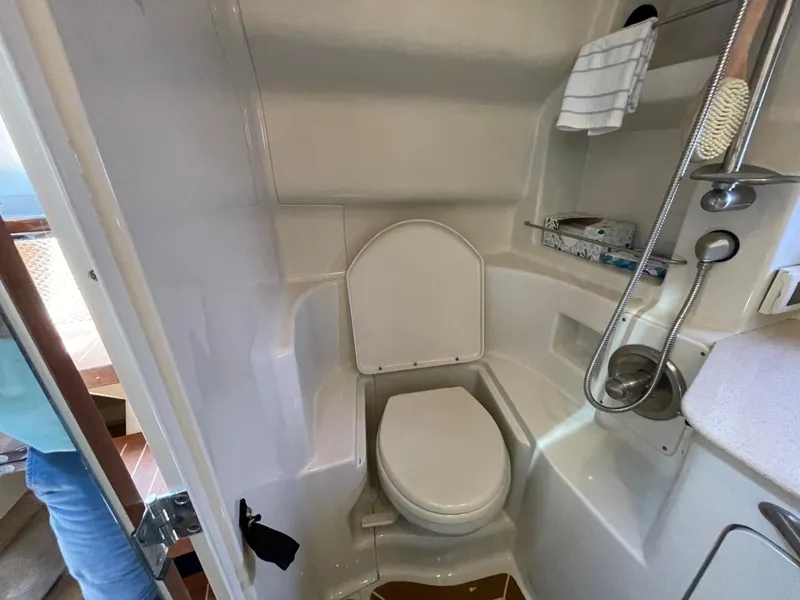 Slide: The Image of 2010 Sea Ray 350 Sundancer bathroom with compact toilet and shower amenities. - 38