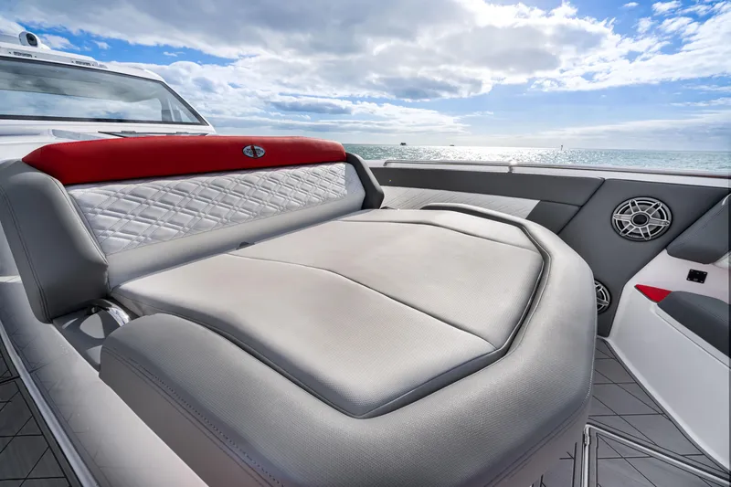 Slide: The Image of 2022 Cigarette 42 Auroris boat interior with luxurious seating and ocean view. - 15