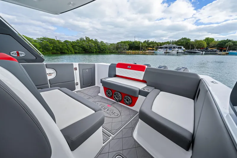 Slide: The Image of 2022 Cigarette 42 Auroris boat interior with stylish seating and scenic water view. - 18