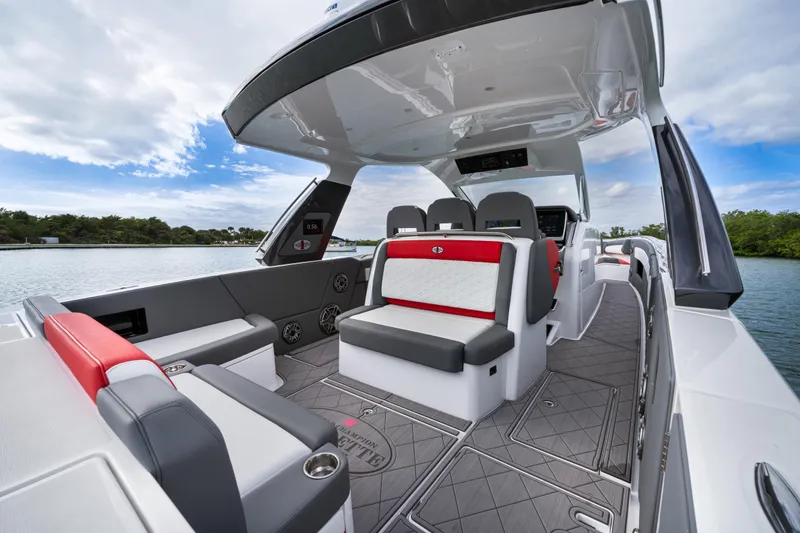 Slide: The Image of 2022 Cigarette 42 Auroris boat interior with modern seating and sleek design. - 20