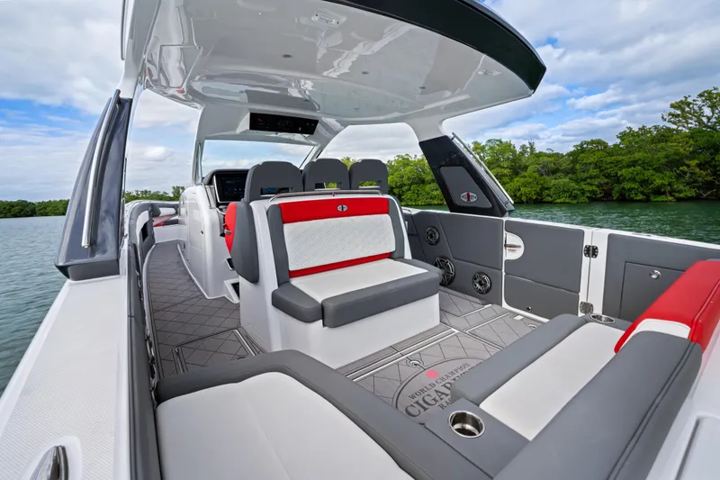 Slide: The Image of 2022 Cigarette 42 Auroris boat interior with modern seating and sleek design. - 22