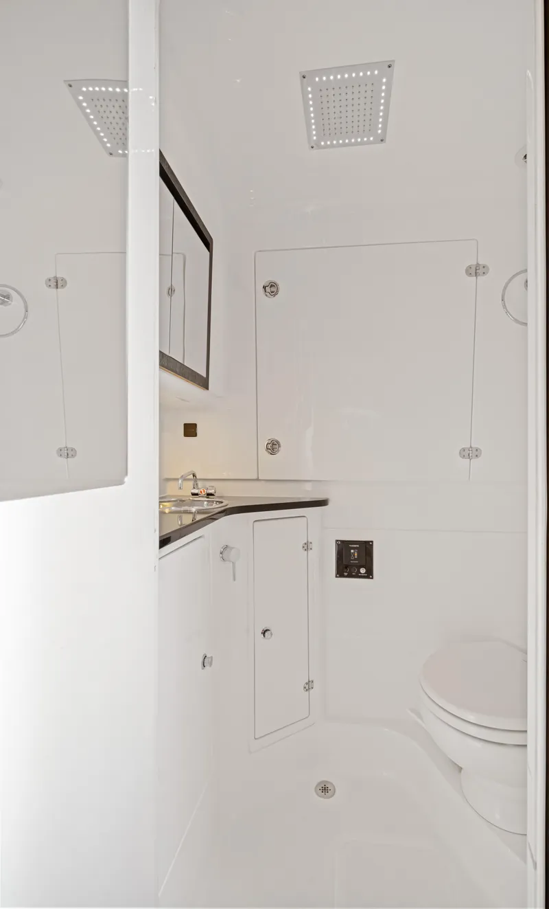 Slide: The Image of Interior of 2022 Cigarette 42 Auroris boat bathroom, featuring modern fixtures and sleek design. - 30