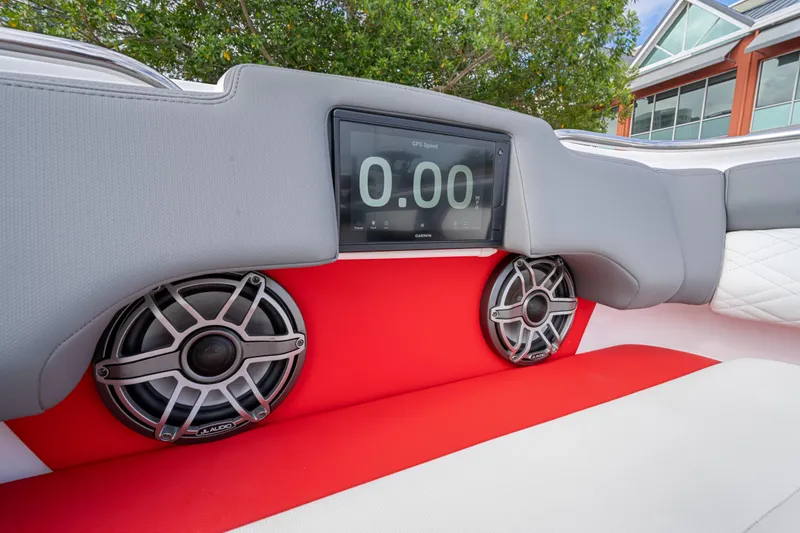 Slide: The Image of 2022 Cigarette 42 Auroris boat interior with speakers and digital display. - 35