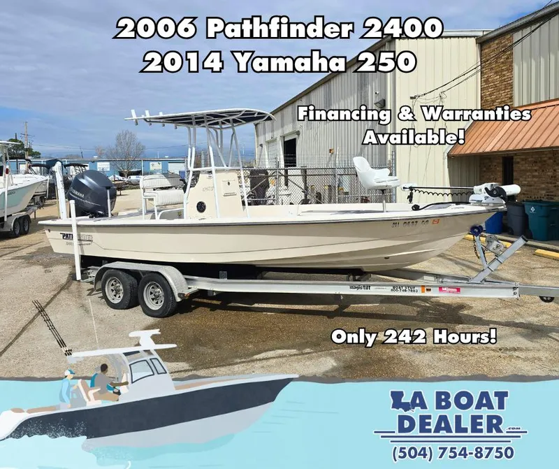 Slide: The Image of 2006 Pathfinder 2400 TRS boat with 2014 Yamaha 250 engine on trailer at LA Boat Dealer. - 1