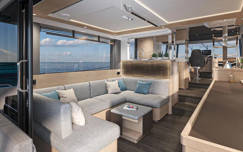 Slide: The Image of Luxurious interior of 2026 Beneteau Swift Trawler 54 with modern seating and ocean view. - 11
